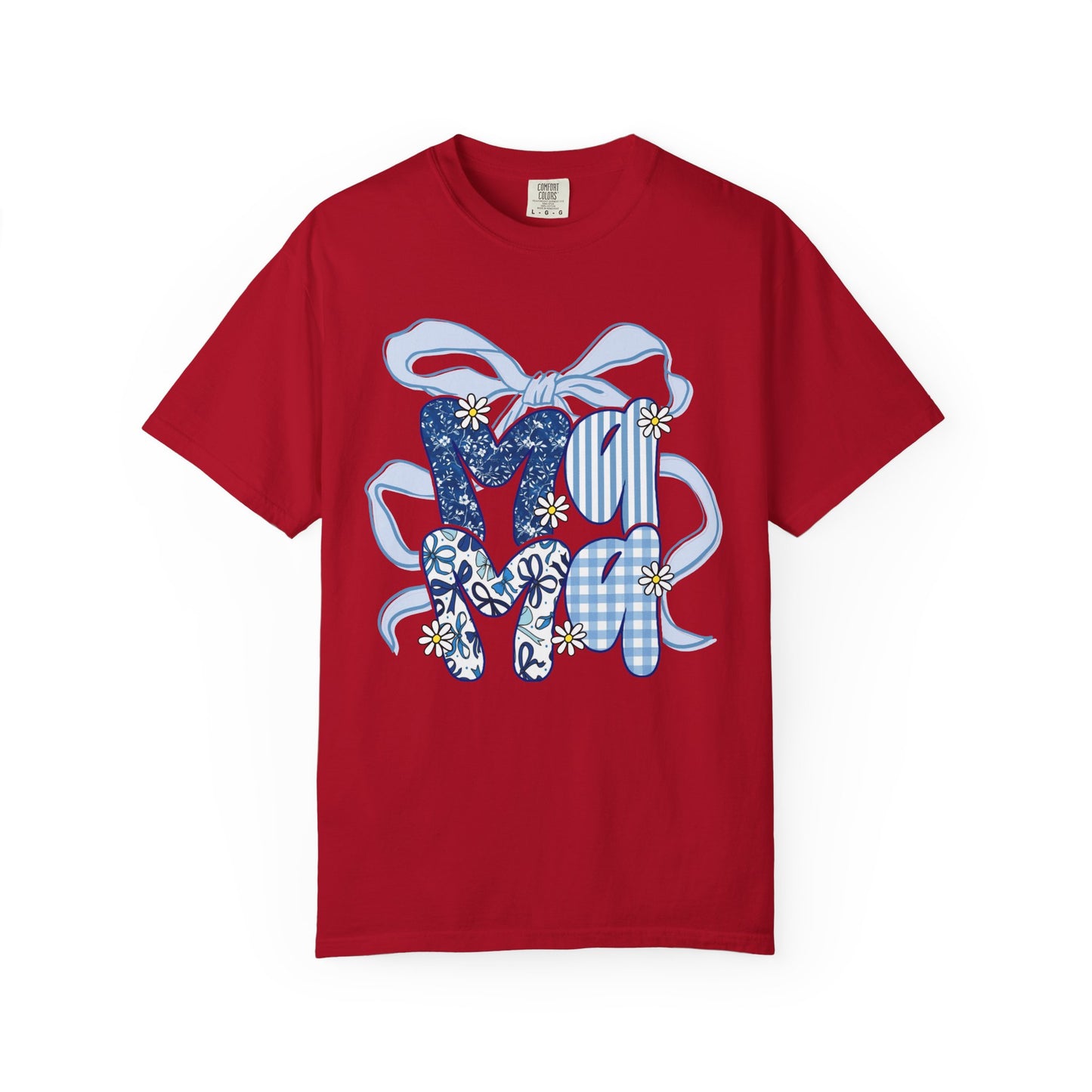 MOM Blue Patchwork Bow T-Shirt — Floral & Gingham Mother's Day Tee