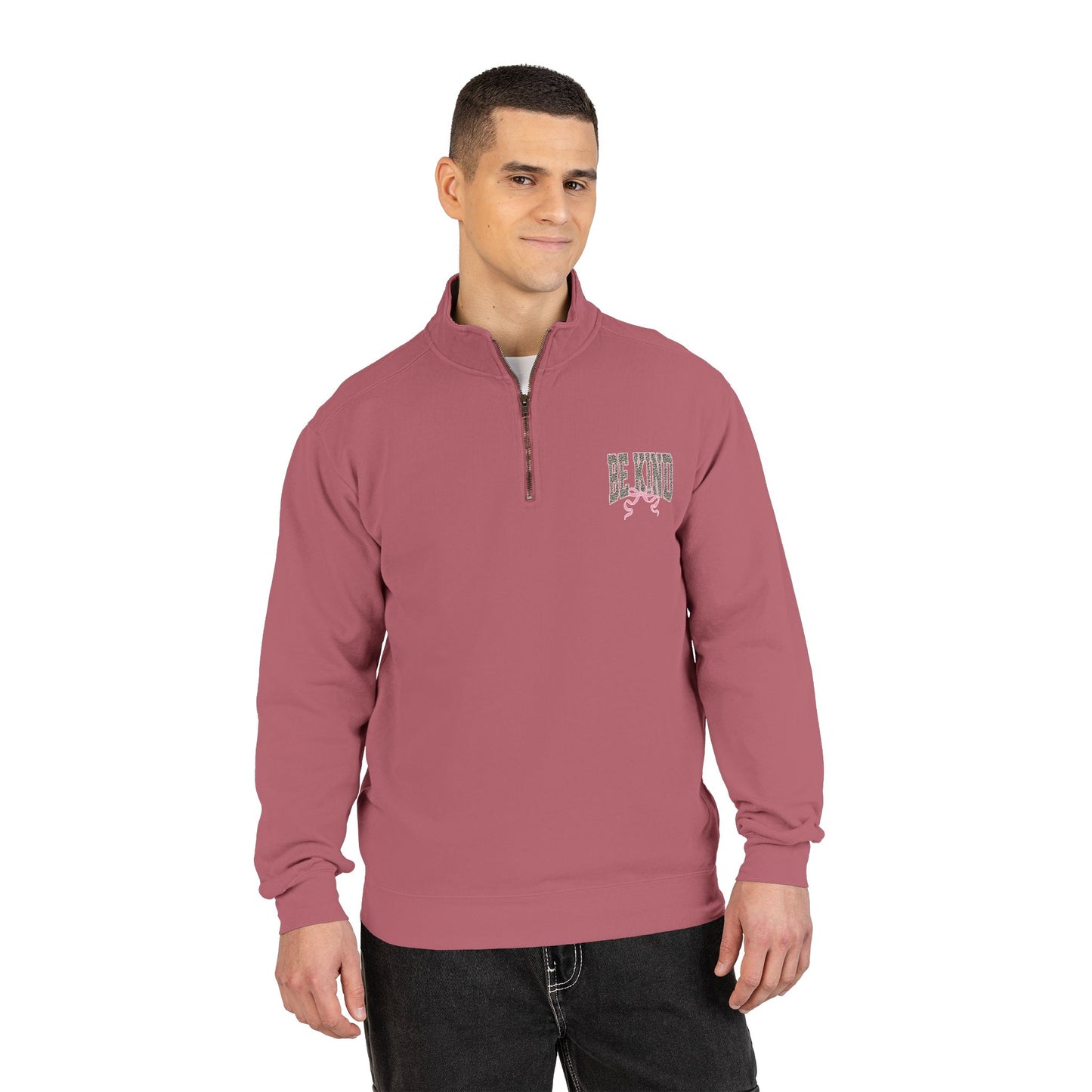 Quarter-Zip Sweatshirt — 'Be Kind' Pink Graphic