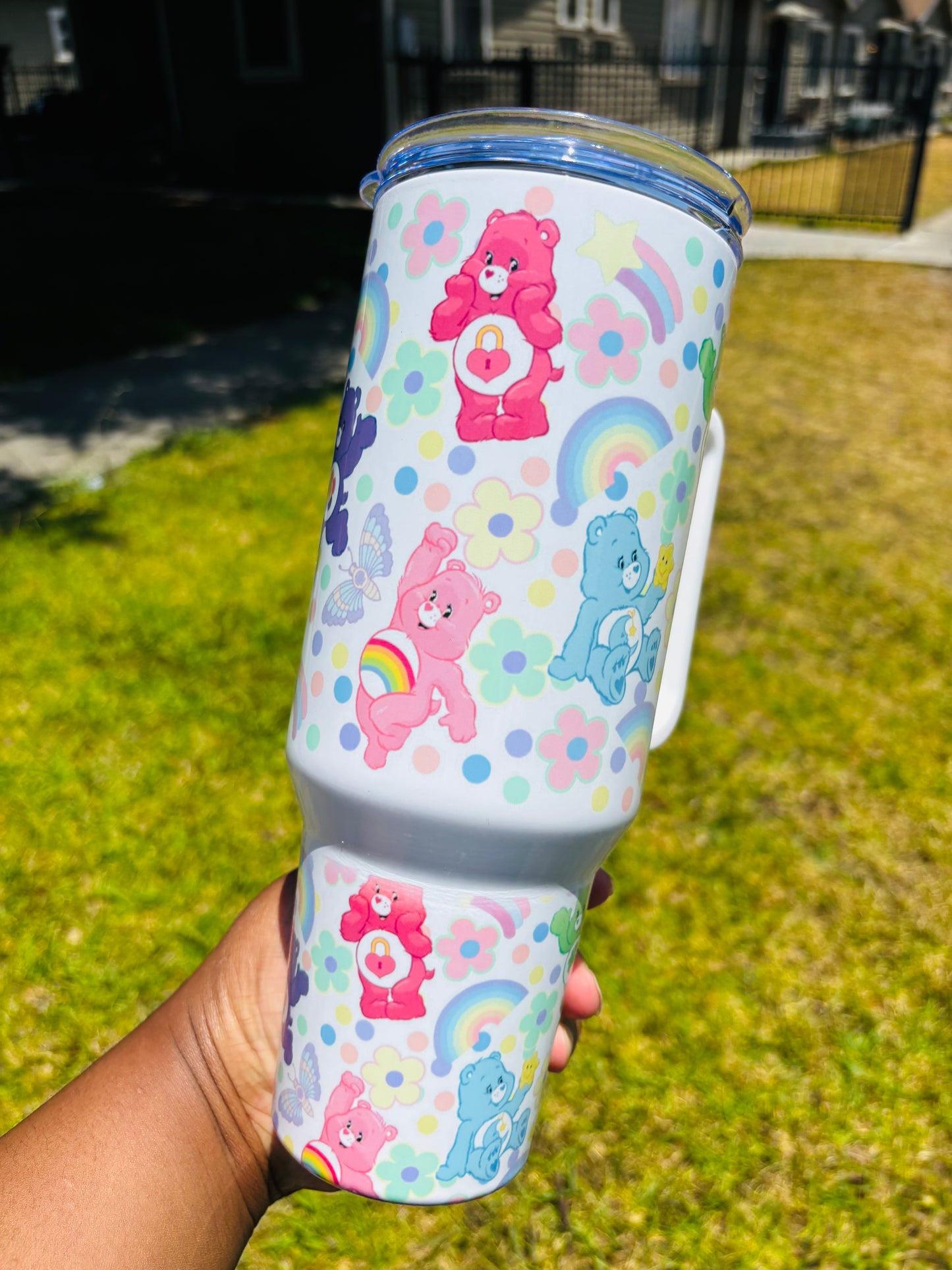 Flowers and rainbow carebears 40oz tumbler