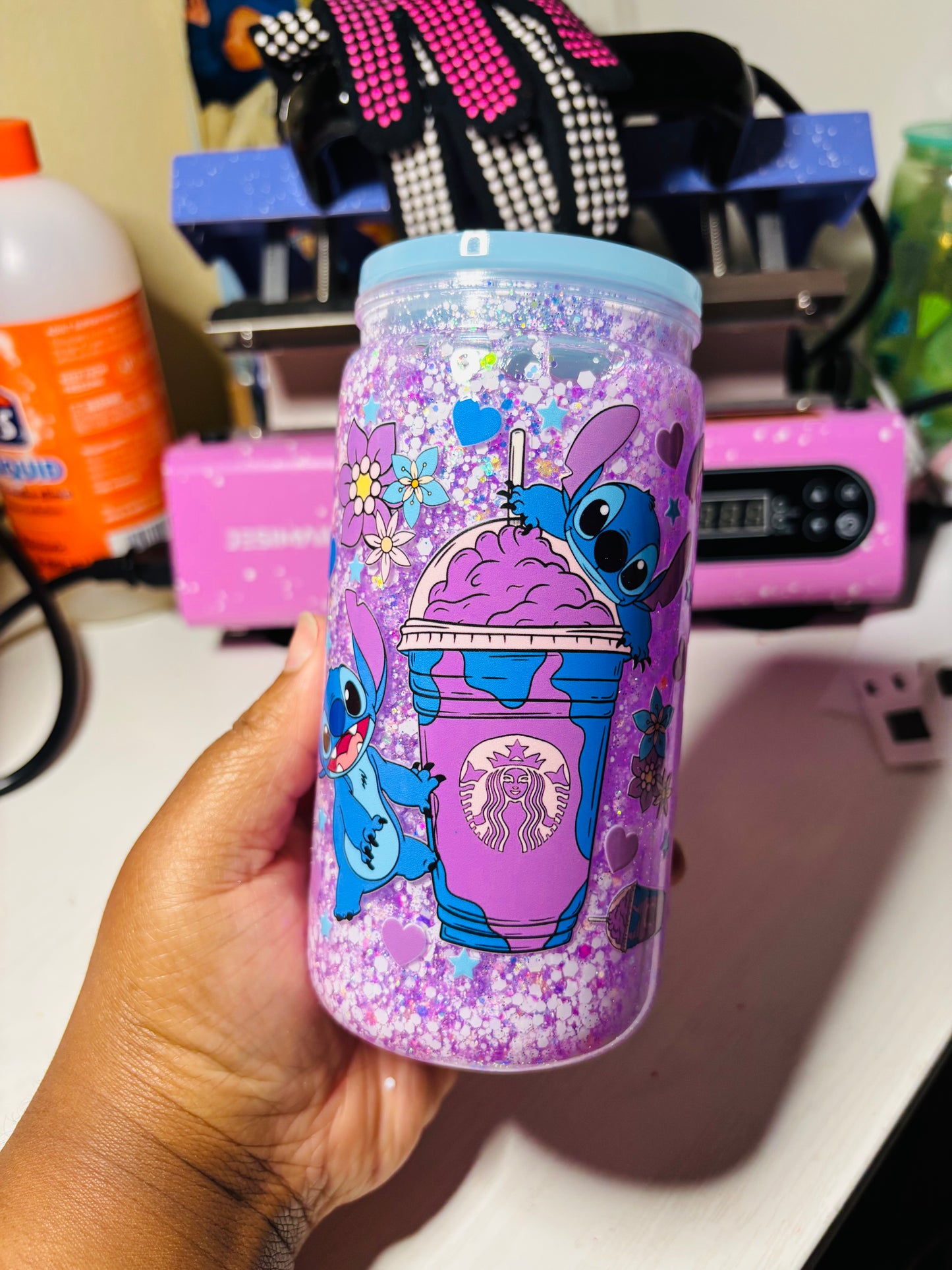 Blue monster drink snow globe cup