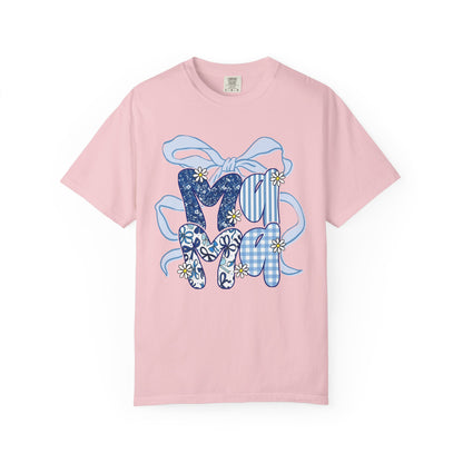 MOM Blue Patchwork Bow T-Shirt — Floral & Gingham Mother's Day Tee