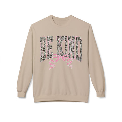 Be Kind Leopard Print Crewneck Sweatshirt — Pink Bow Graphic
