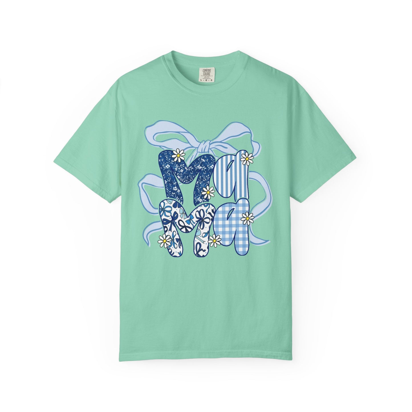 MOM Blue Patchwork Bow T-Shirt — Floral & Gingham Mother's Day Tee
