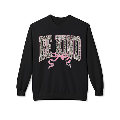 Be Kind Leopard Print Crewneck Sweatshirt — Pink Bow Graphic