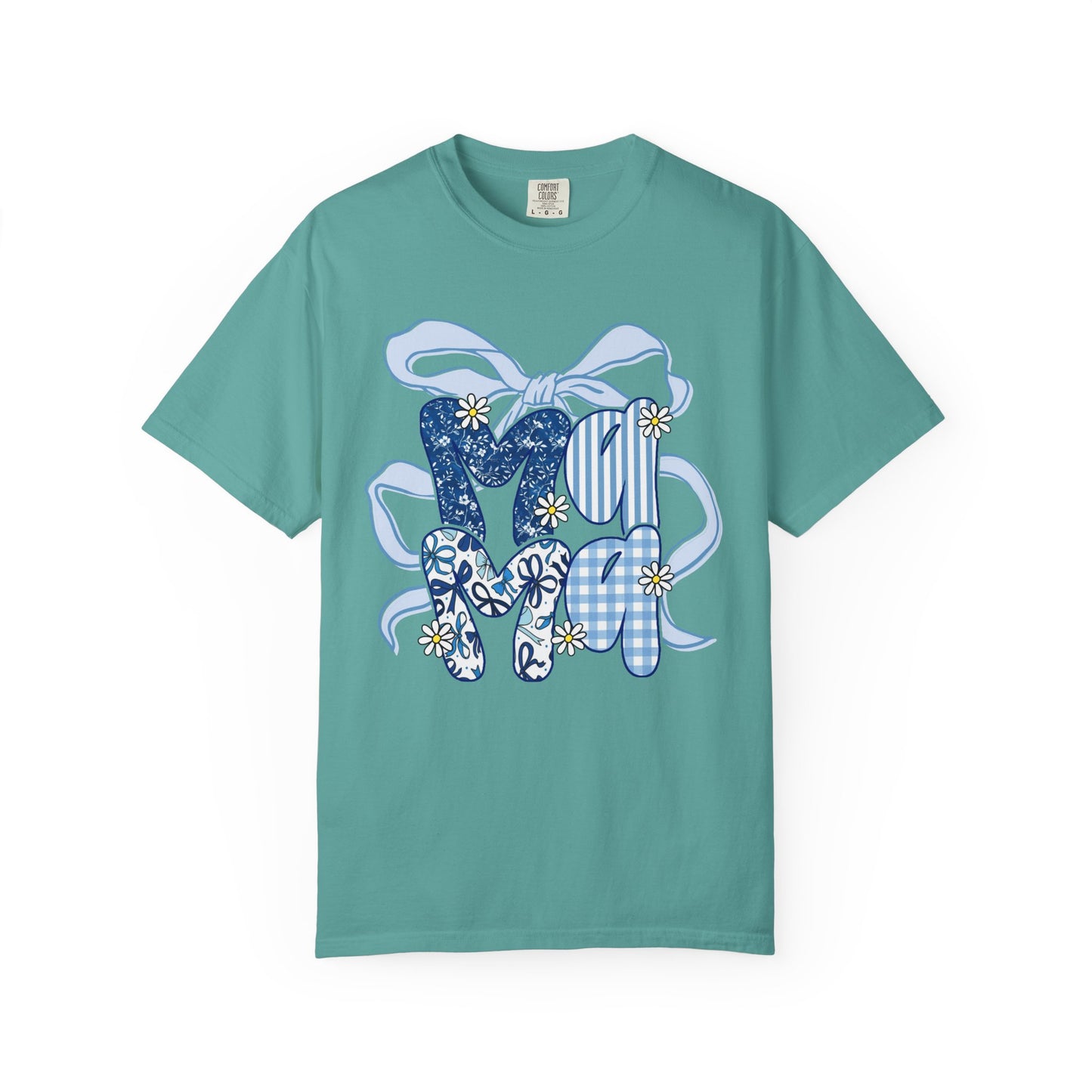 MOM Blue Patchwork Bow T-Shirt — Floral & Gingham Mother's Day Tee