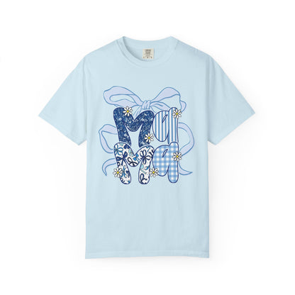MOM Blue Patchwork Bow T-Shirt — Floral & Gingham Mother's Day Tee