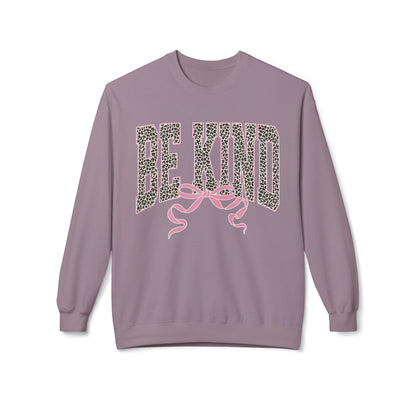 Be Kind Leopard Print Crewneck Sweatshirt — Pink Bow Graphic