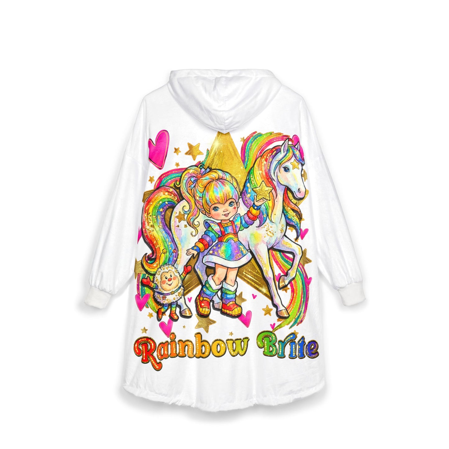Rainbow Brite Hooded Blanket — Retro Rainbow Unicorn Cozy Throw with 'Rainbow Brite' Design