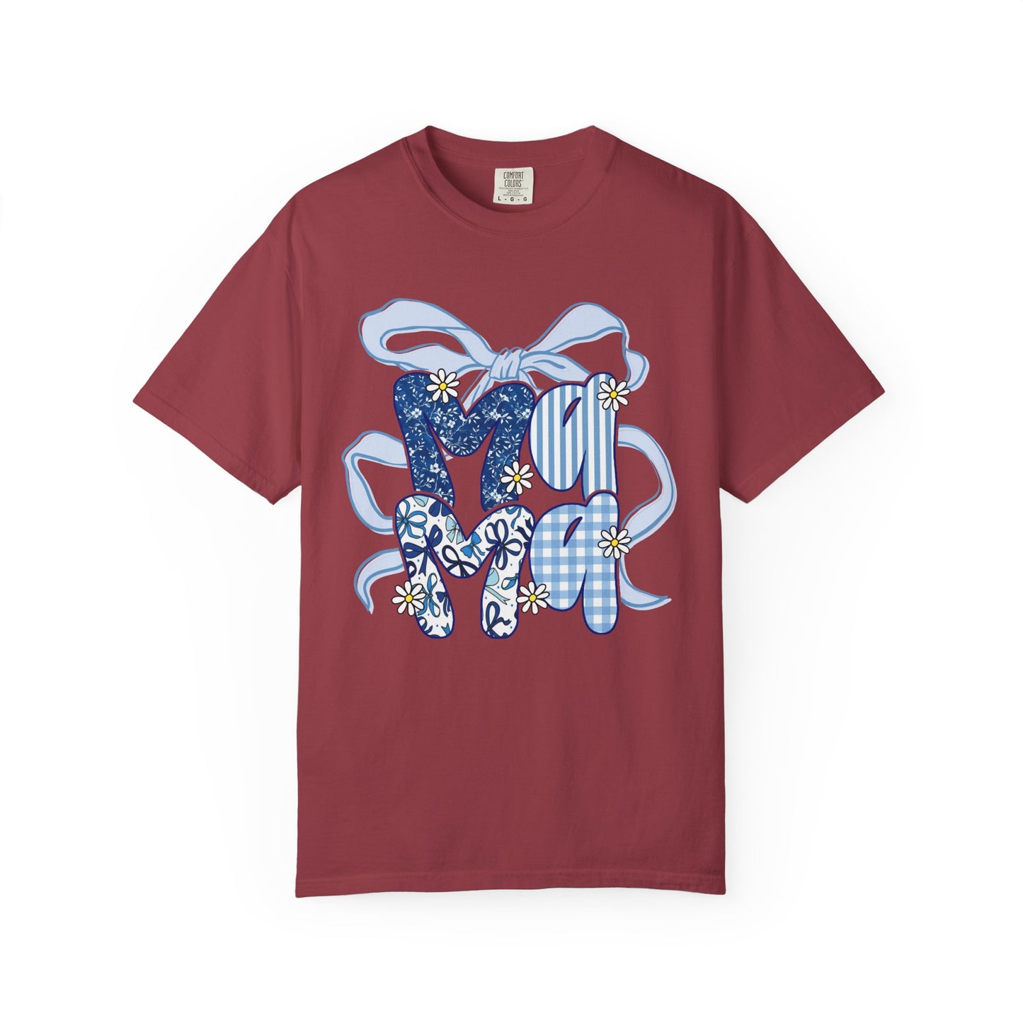 MOM Blue Patchwork Bow T-Shirt — Floral & Gingham Mother's Day Tee