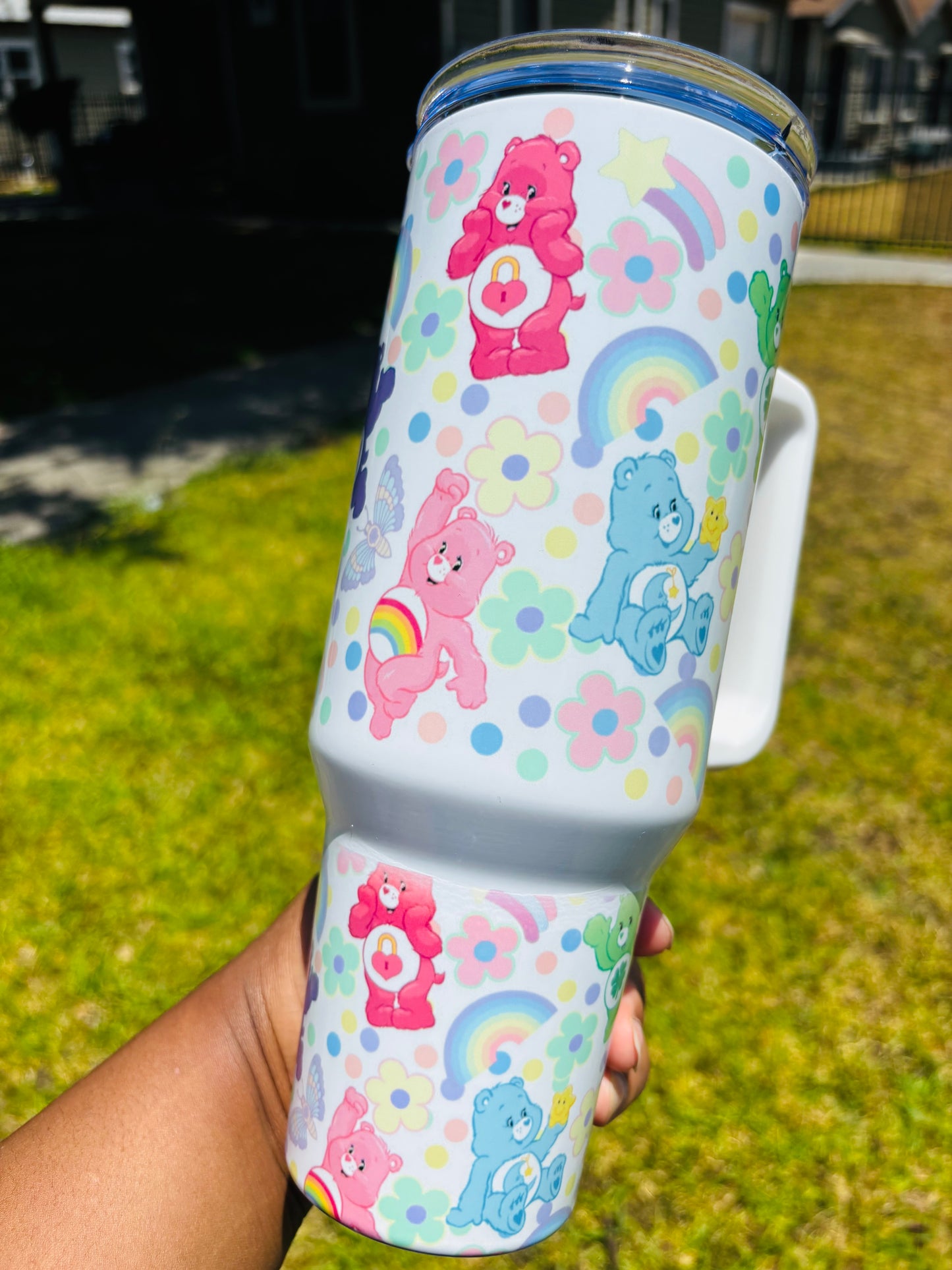 Flowers and rainbow carebears 40oz tumbler