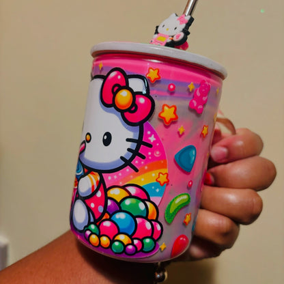 Colorful boba kitty snow globe mug