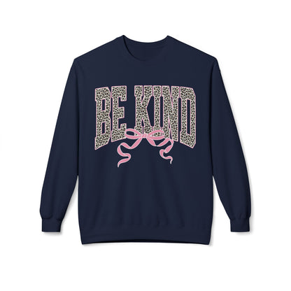 Be Kind Leopard Print Crewneck Sweatshirt — Pink Bow Graphic