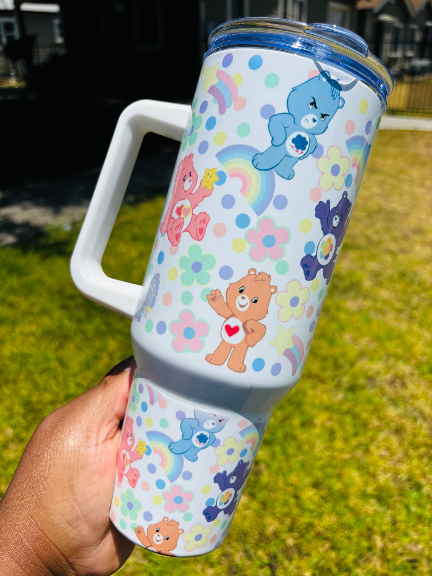 Flowers and rainbow carebears 40oz tumbler