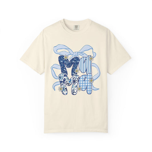 MOM Blue Patchwork Bow T-Shirt — Floral & Gingham Mother's Day Tee