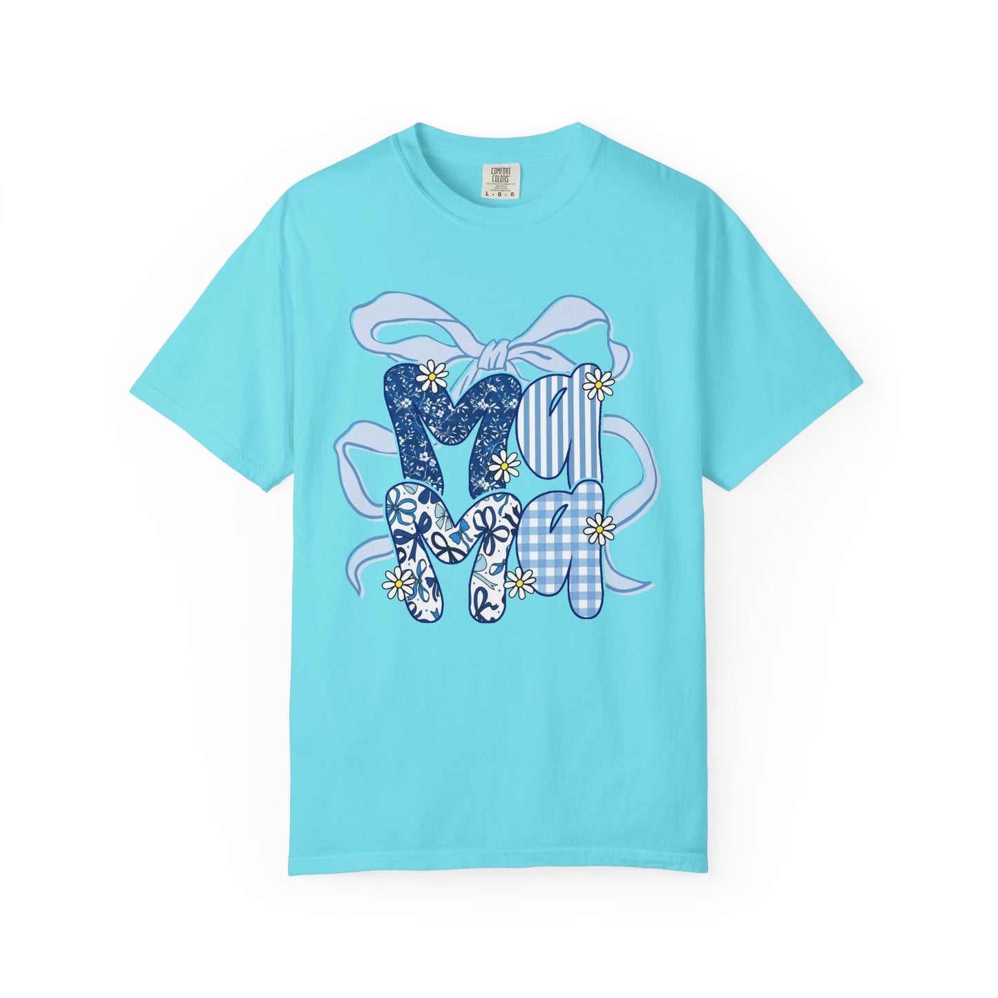 MOM Blue Patchwork Bow T-Shirt — Floral & Gingham Mother's Day Tee