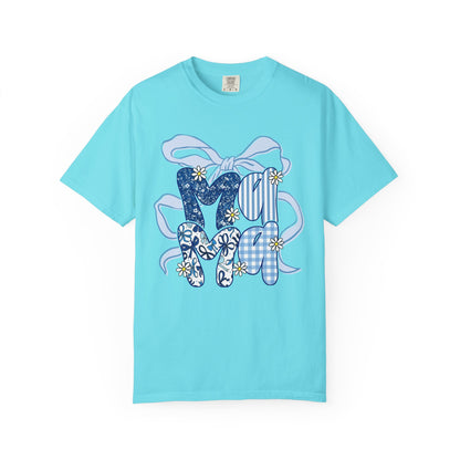 MOM Blue Patchwork Bow T-Shirt — Floral & Gingham Mother's Day Tee