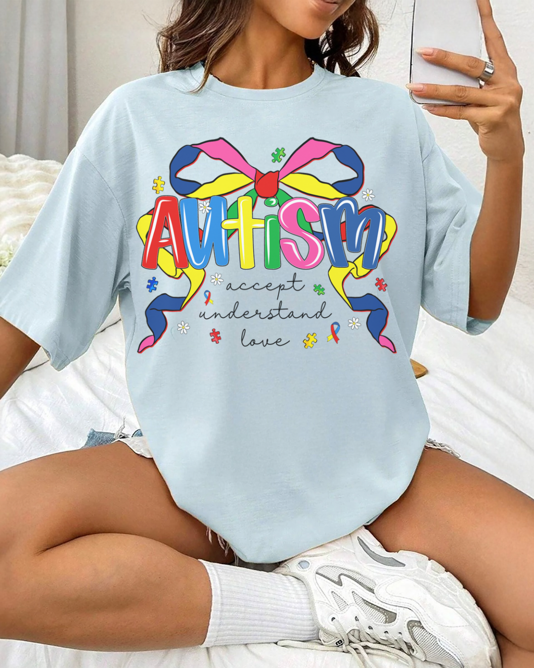 Autism Awareness Ribbon Bow T-Shirt — Accept Understand Love