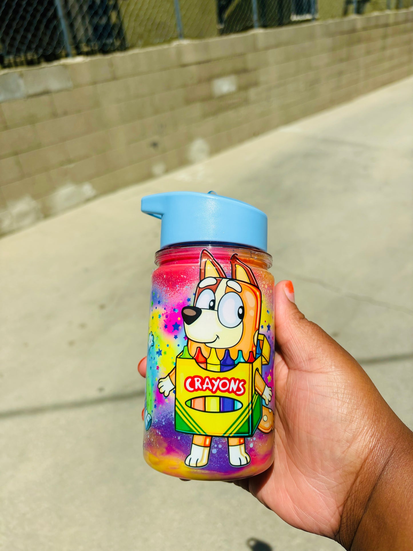 Crayon bluey snow globe water bottle