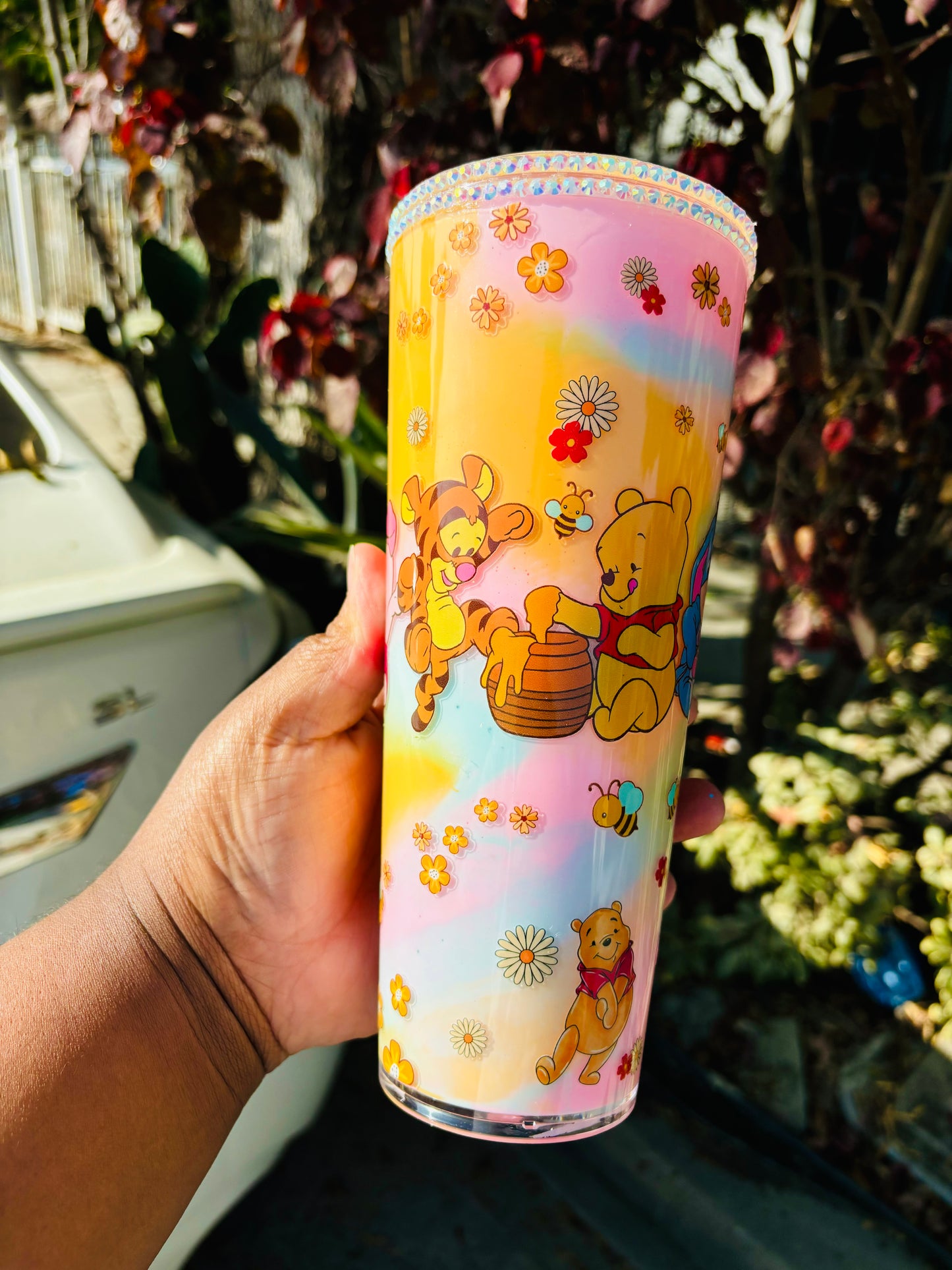 Colorful Pooh and friends snow globe tumbler