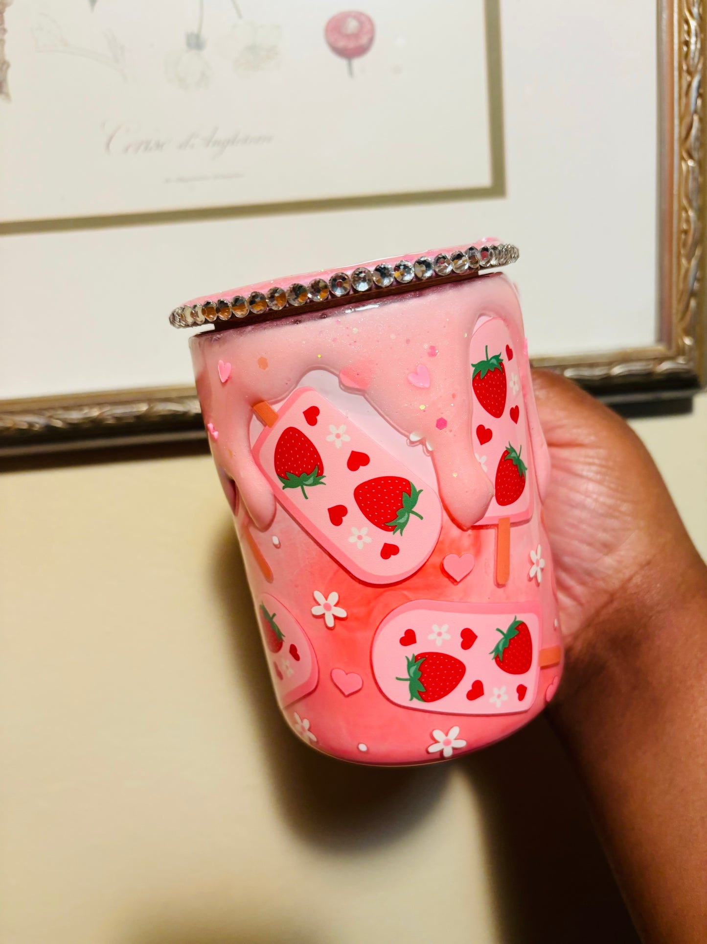 Strawberry melting snow globe mug