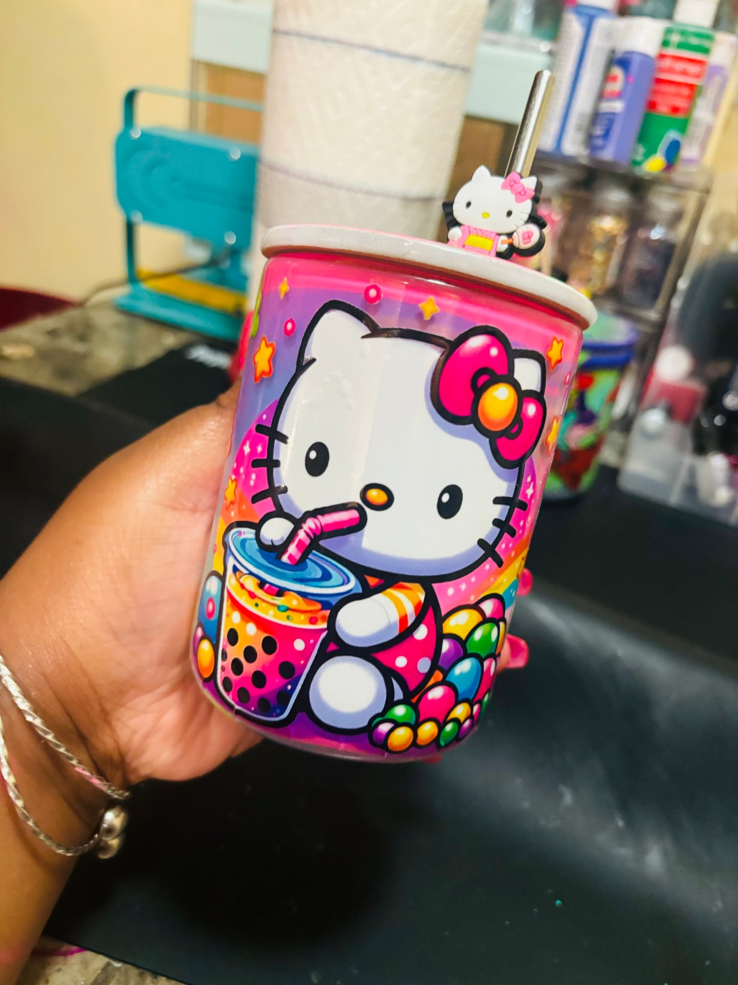 Colorful boba kitty snow globe mug