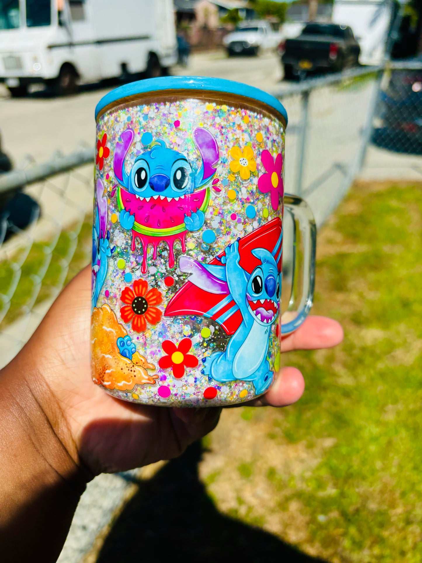 Stitch summer snow globe mug