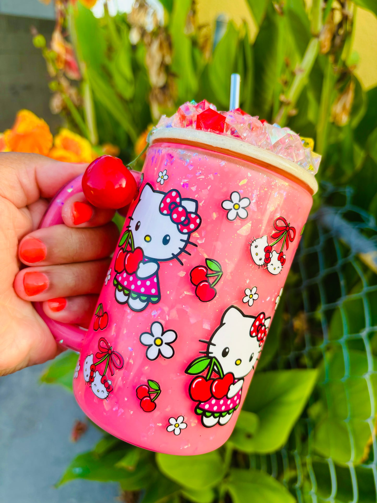 Cherry kitty snow globe mug