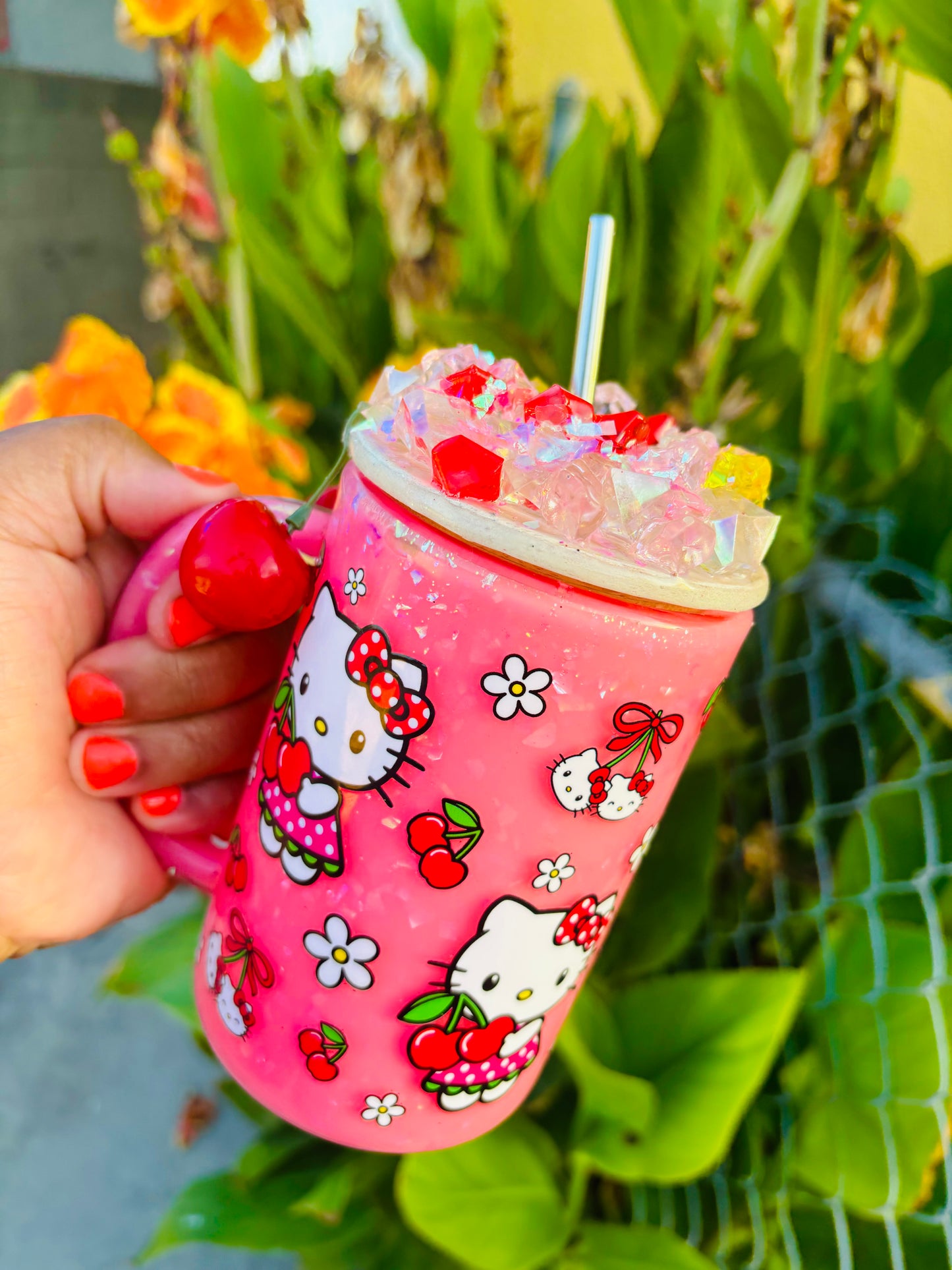 Cherry kitty snow globe mug